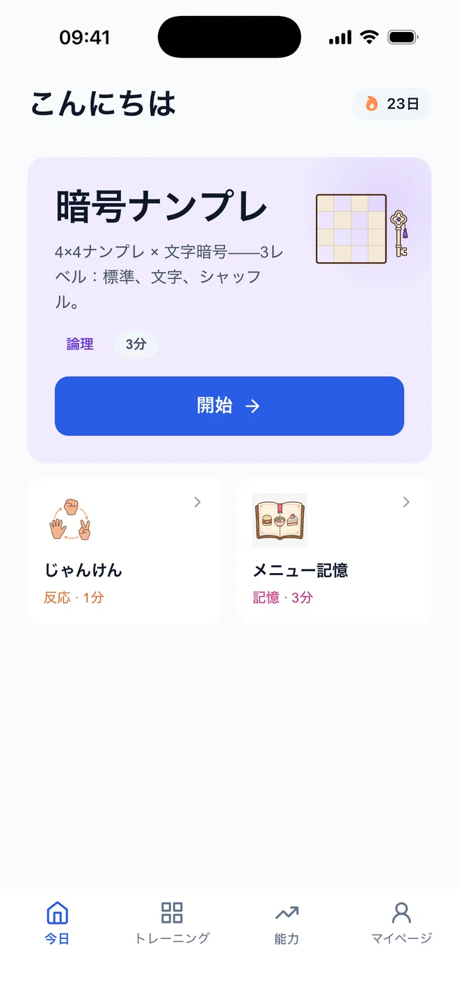 BrainBay アプリ「今日」画面のスクリーンショット:毎日のトレーニングプランと6次元能力マップ