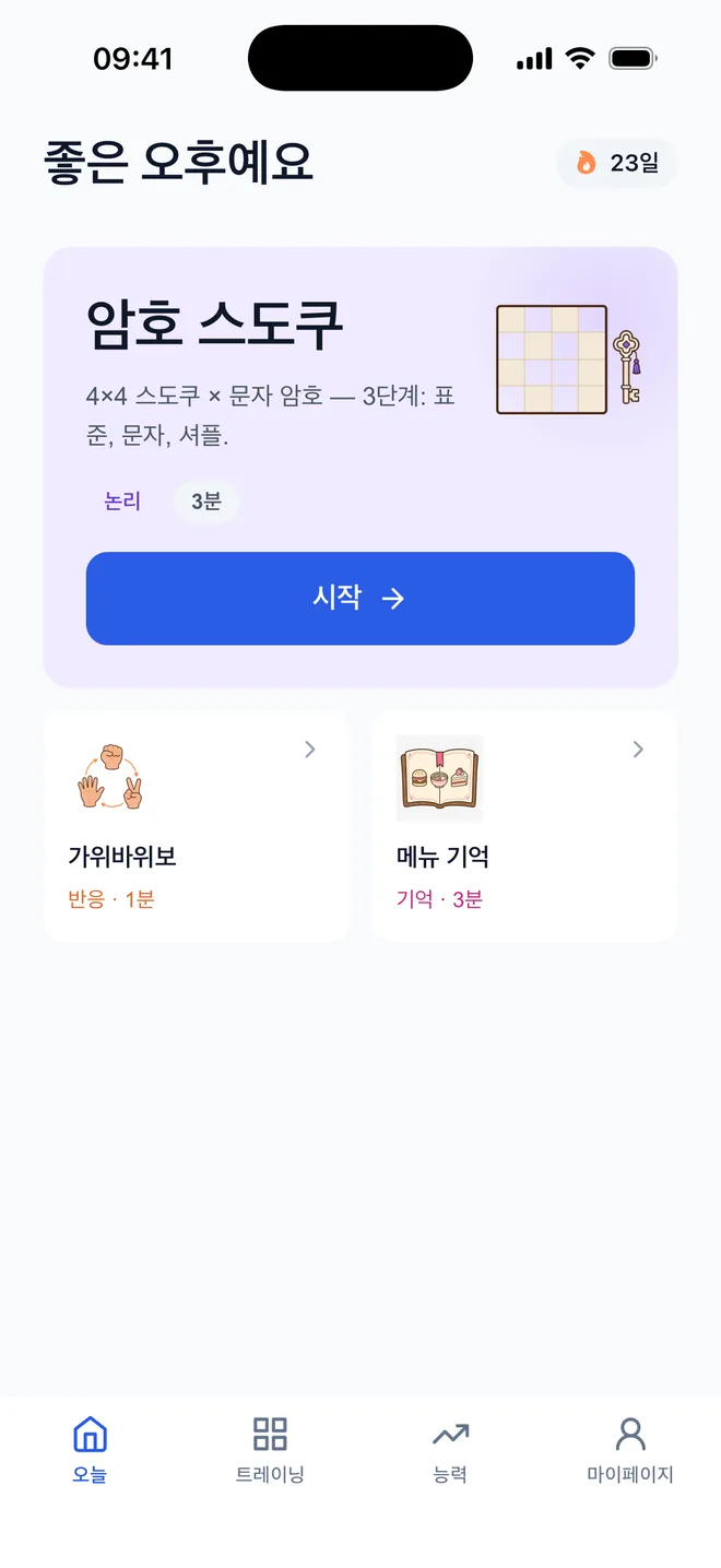BrainBay 앱 '오늘' 화면 스크린샷: 매일 훈련 계획과 6차원 능력 지도