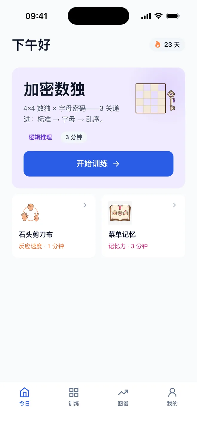 脑力湾 App 今日页截图:每日训练计划与六维能力图谱
